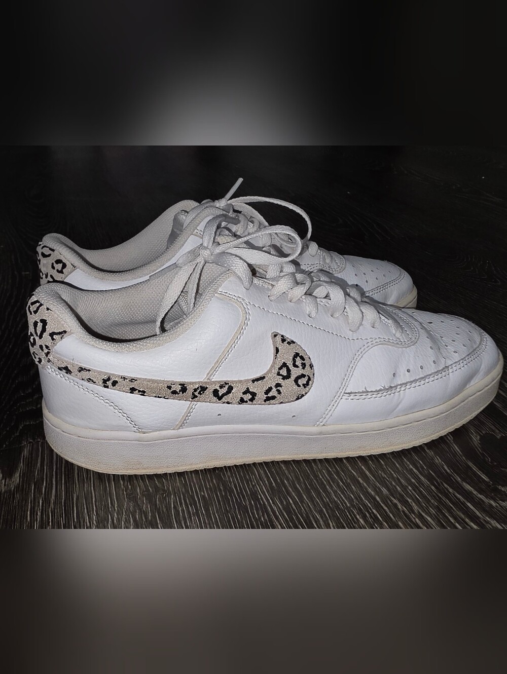 Nike White Leather Sneakers with Leopard Swoosh Accent